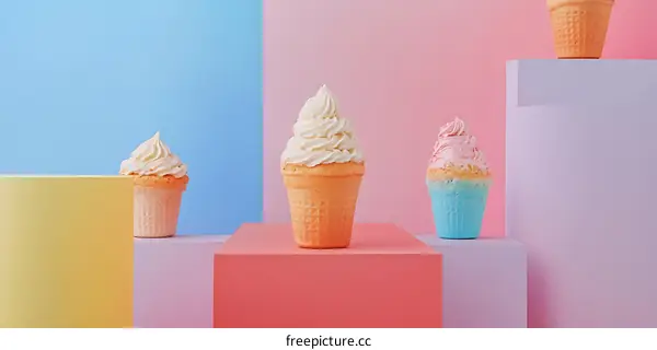 Colorful Ice Cream Cones On Pastel Background