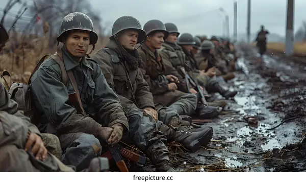 A group of soldiers sit on the muddy ground in a war zone