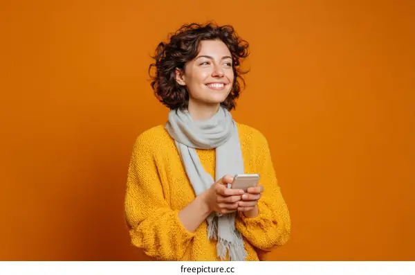 Smiling Woman Holding Smartphone Against Orange Background