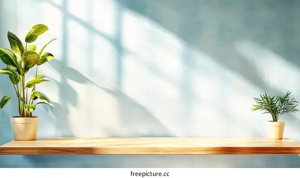 Empty Wooden Shelf Against Light Blue Wall with Plants