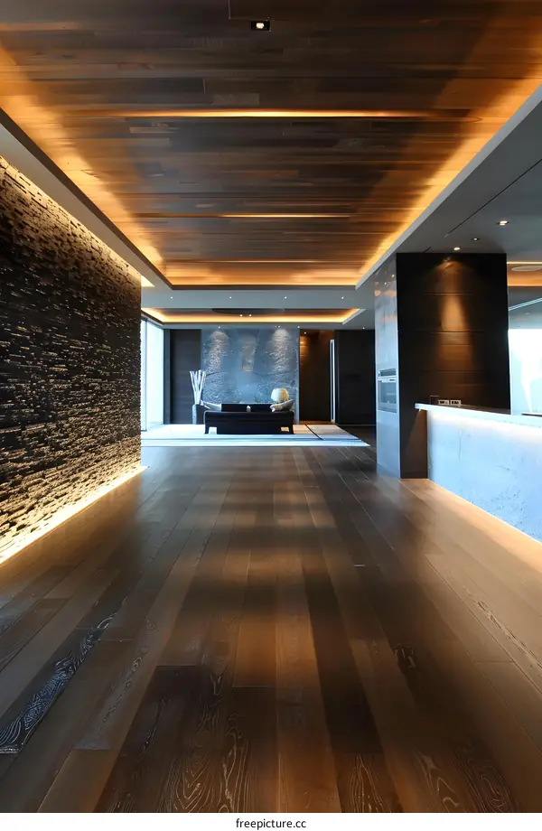 Modern Interior Design with Wood Paneling and Stone Wall