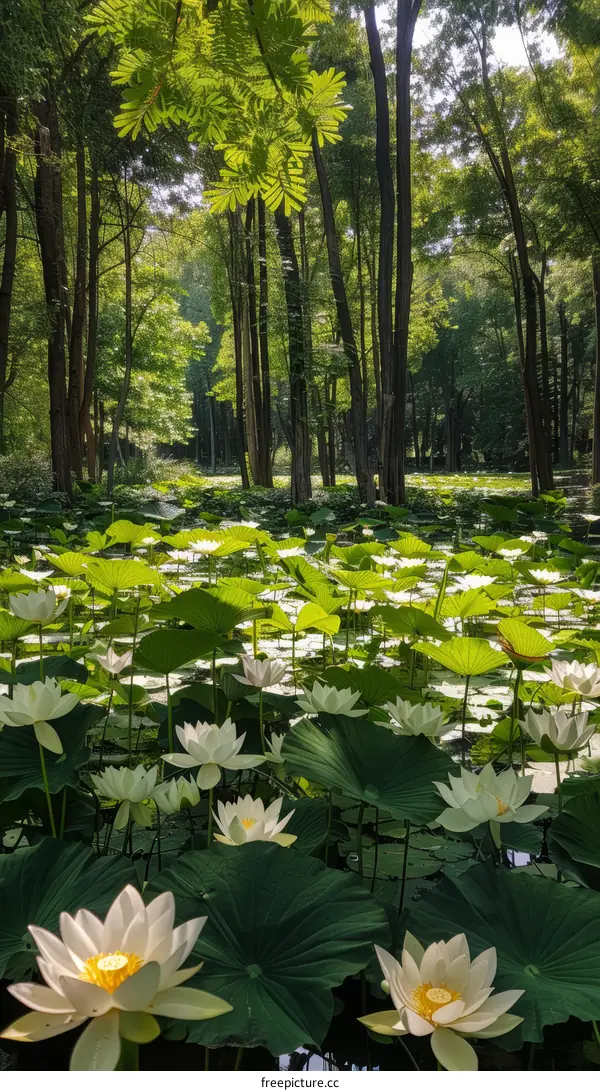 Enchanted Pond Embracing White Lilies Amidst Verdant Forest