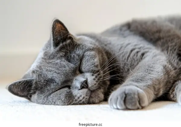 A gray British shorthair cat is sleeping on the floor.