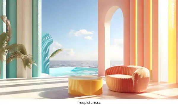 Minimalist Modern Architecture with Sea View and Palm Trees