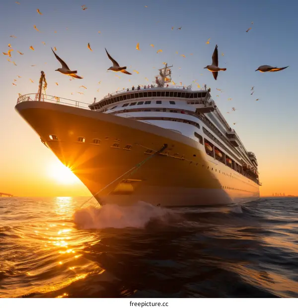 Large cruise ship on the open ocean with seagulls flying overhead