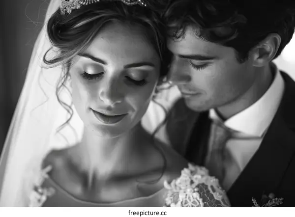 Black and white photo of a bride and groom on their wedding day