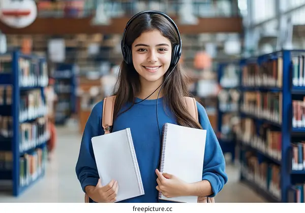 Smiling Teenager Student in Library with Books and Headphones