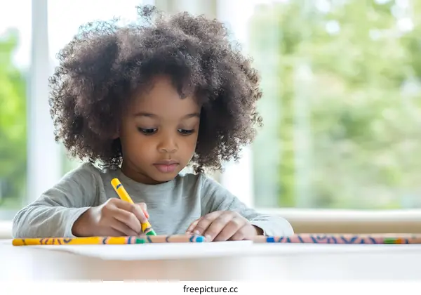 African American Girl Drawing with Crayons