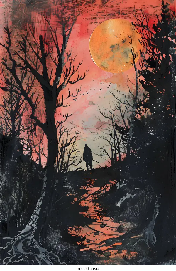 Silhouette of a Person Standing in a Forest with a Red Sky and a Large Moon