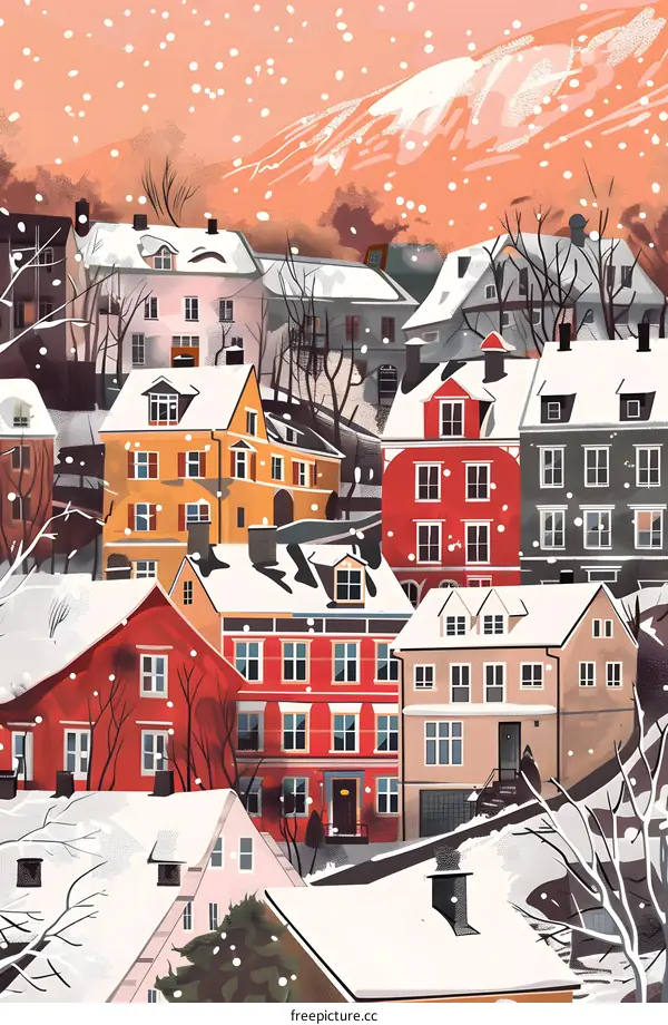 Winter Snowy Town Houses Illustration