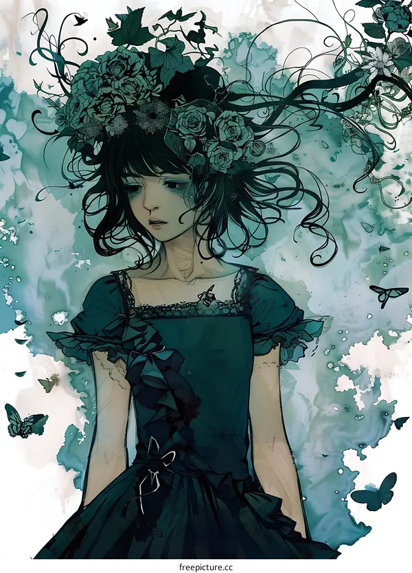 Digital Painting of a Woman with Flowers in Her Hair