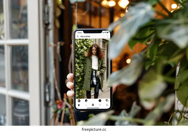 Woman in Green Coat on Phone Screen