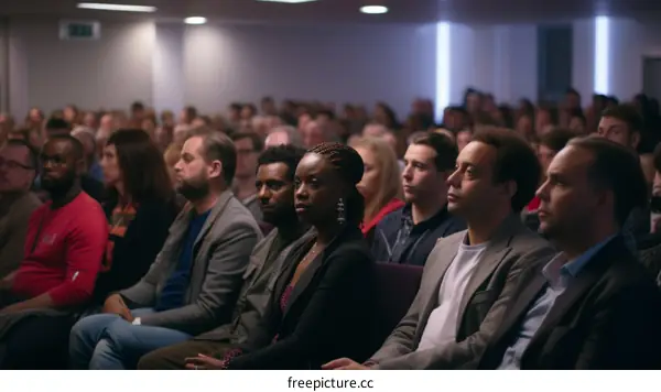 A group of people are sitting in a room listening to a speaker