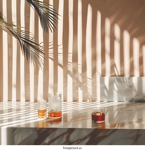 Three Glasses of Drinks on Marble Counter With Palm Leaf Shadow
