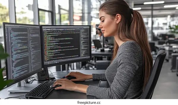 Female Programmer Working on Code in Modern Office