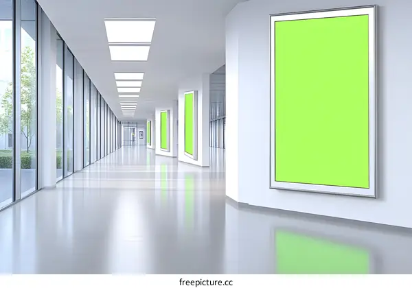 Modern White Hallway with Green Screen Mockup