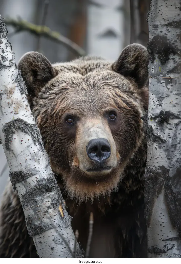 A brown bear staring out from between two birch trees