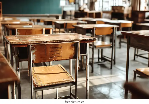 Empty Classroom Desks and Chairs in Sunlight