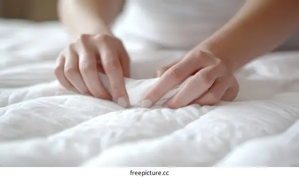 Female Hands Gently Touching White Bedding