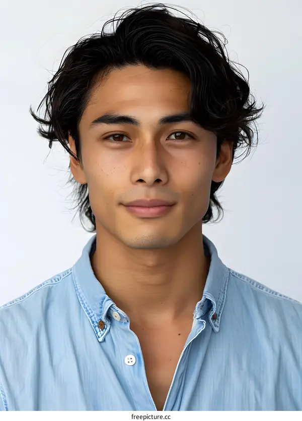Portrait of a Young Asian Man Wearing a Blue Denim Shirt