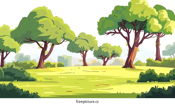 Green Grass and Trees in a Cartoon Landscape