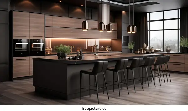 Stylish Dark Wood Kitchen Island with Modern Black Leather Bar Stools
