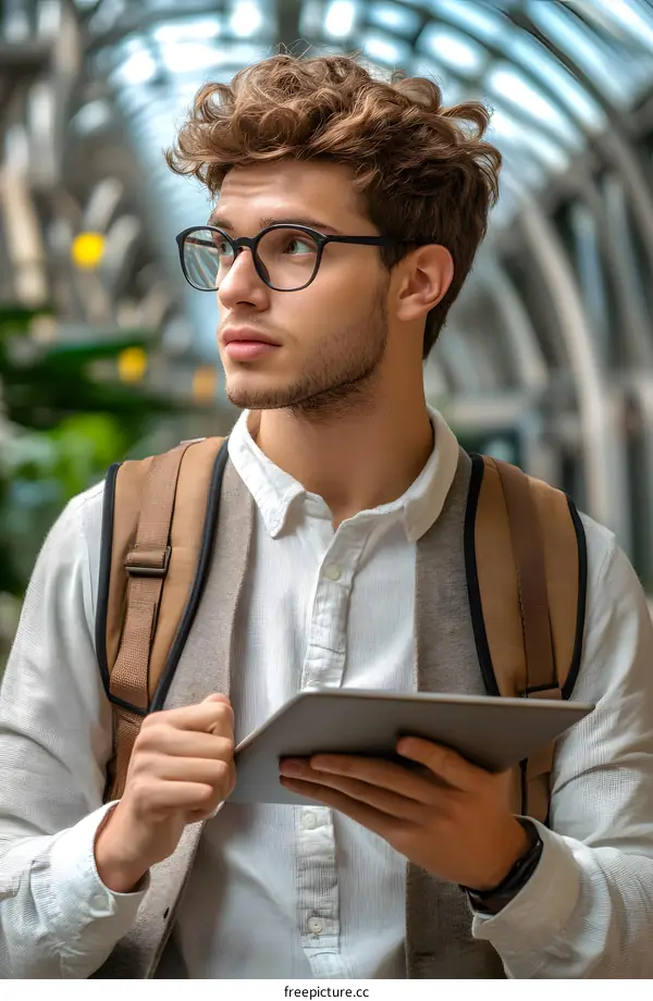 Young Man with Curly Hair and Glasses Using Tablet in Urban Setting