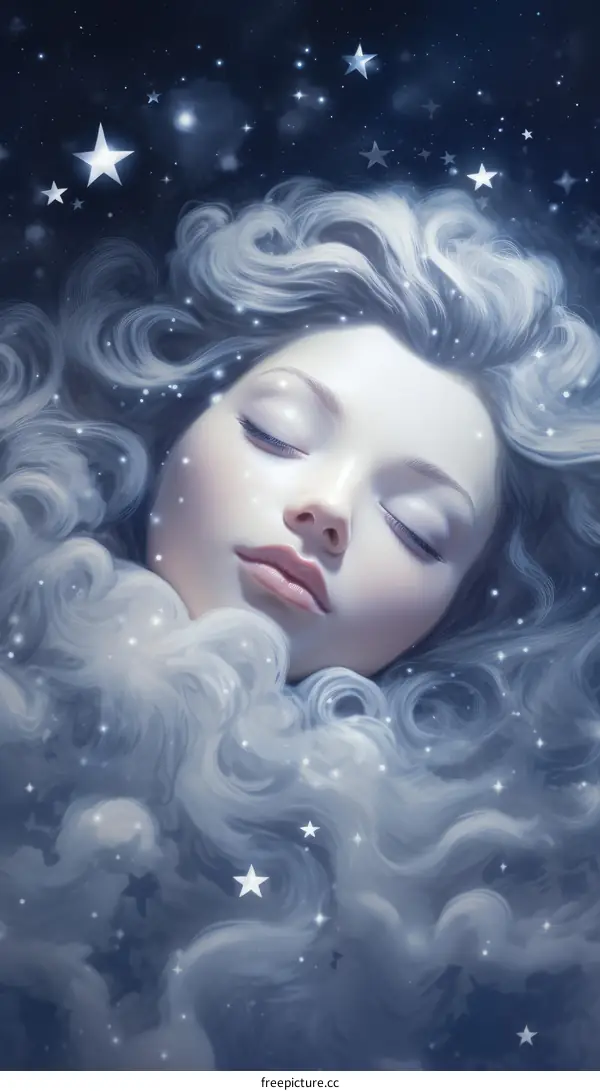 A beautiful illustration of a serene woman asleep on a cloud
