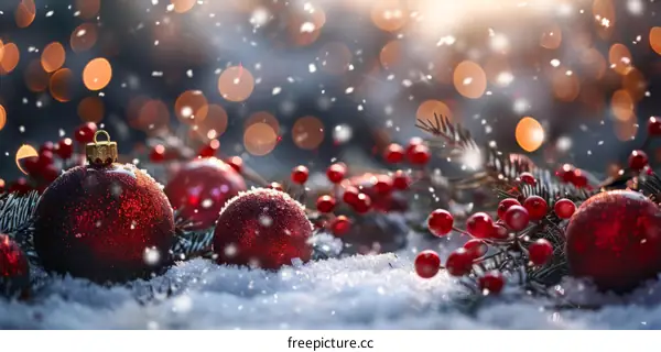 Red Christmas ornaments on snow with blurred background