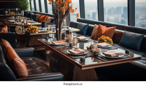 Modern Restaurant Interior with Elegant Furniture and City Views