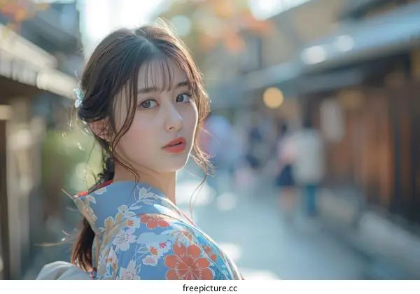 Asian Woman in Traditional Japanese Kimono in a City Street