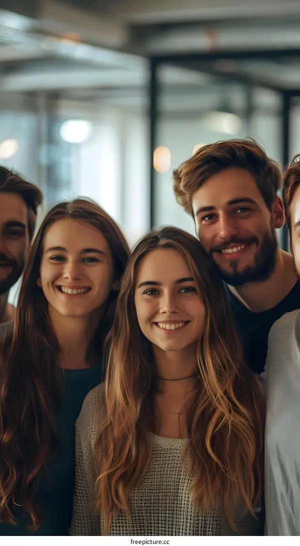 portrait of five young people smiling at the camera