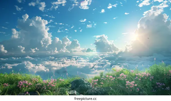 White Clouds and Blue Skies above Mountains and Hills