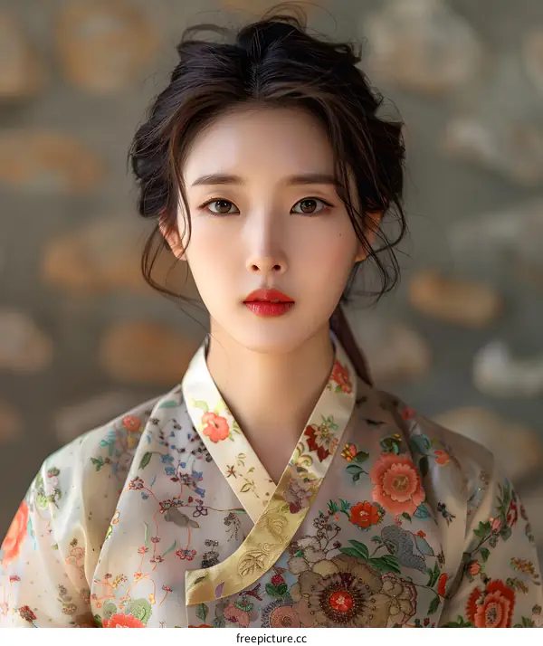 Portrait of a beautiful young woman in traditional Korean dress, or Hanbok