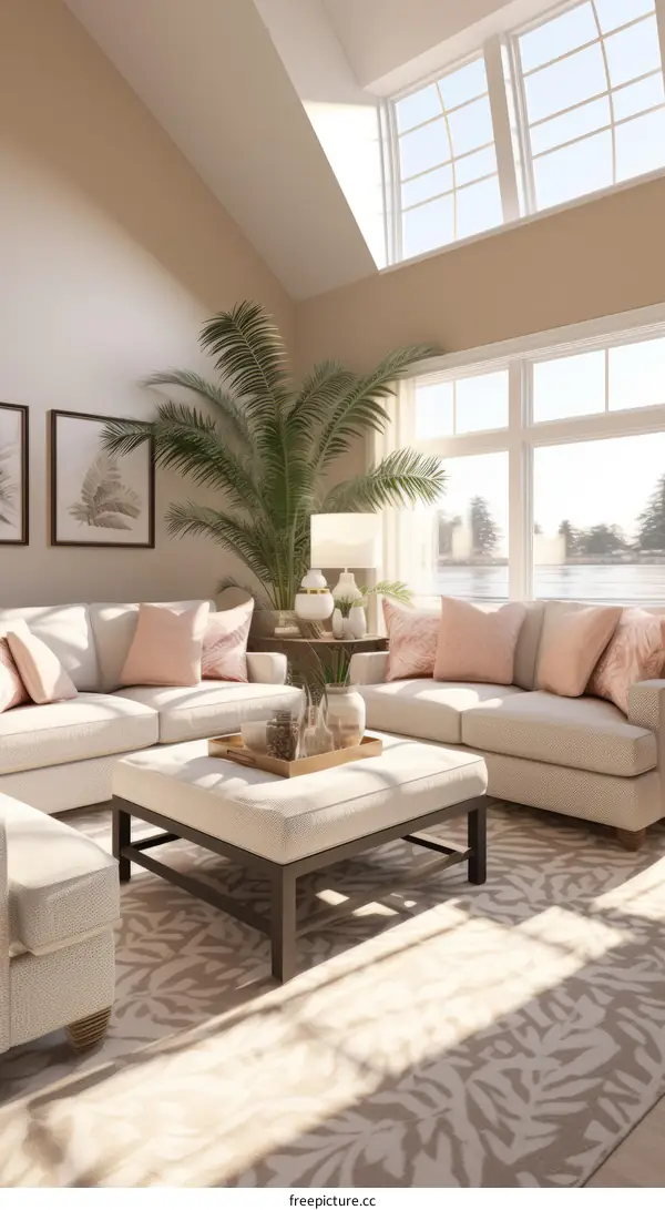 Bright coastal living room with large windows and pink accents