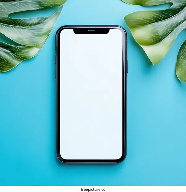 Blank Screen Smartphone With Tropical Leaves on Blue Background