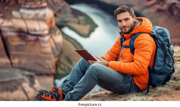Man sitting on a cliff with a tablet
