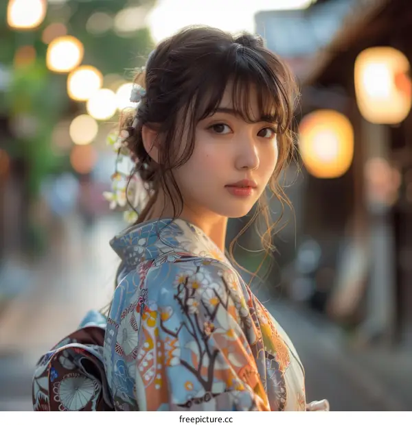 Portrait of a Beautiful Asian Woman in a Traditional Kimono