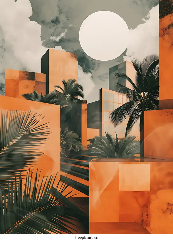 Abstract Cityscape with Palm Trees and White Circle