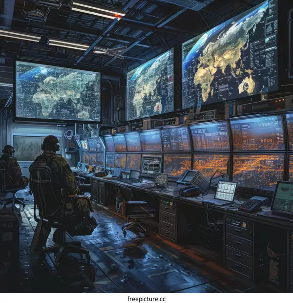 Military personnel monitoring global security threats in a high-tech command center