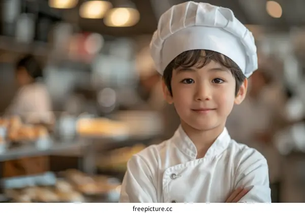 Little boy in chef uniform standing with arms crossed