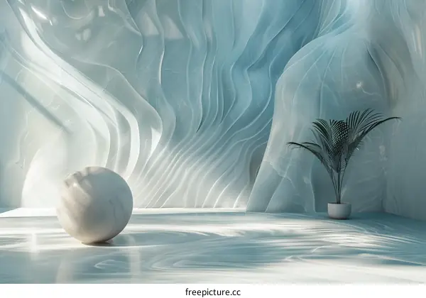 3d rendering of a room with blue marble walls and a potted plant