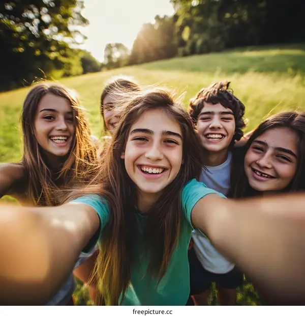 Group of Teenagers Taking a Selfie Together in a Field