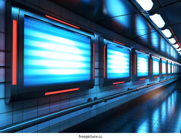 Futuristic Subway Station with Blank Digital Screens