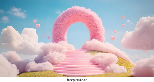 Pink Floral Archway with Stairs in a Dreamy Cloud Setting