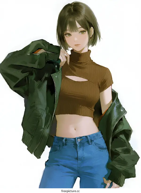 A young woman with short hair wearing a cropped top and blue jeans