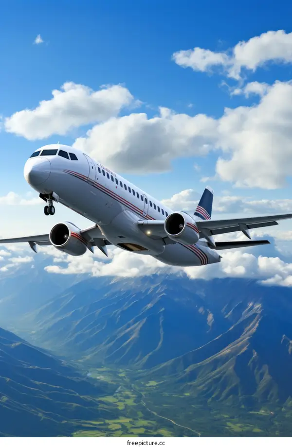 A white and blue airplane is flying above the clouds and mountains