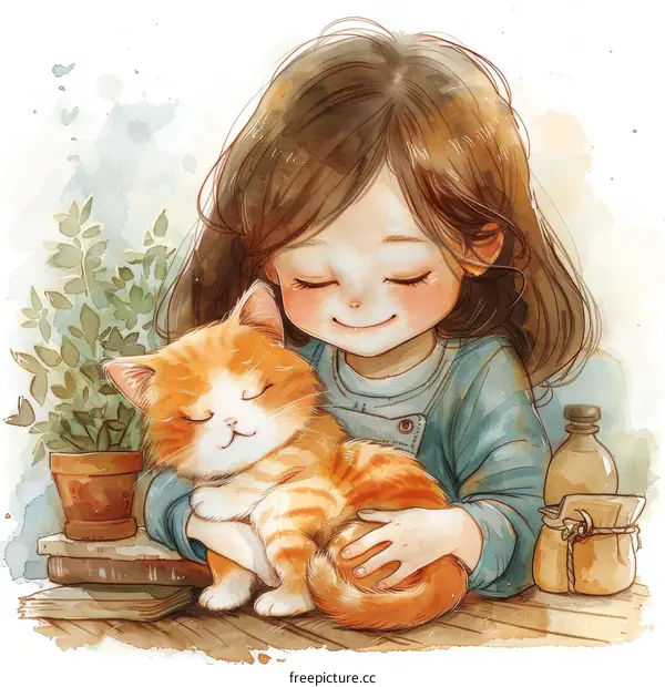 A girl hugging an orange cat