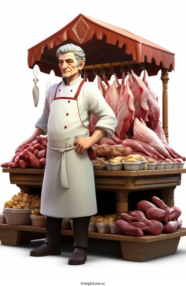 A butcher standing in front of his stall selling various types of meat