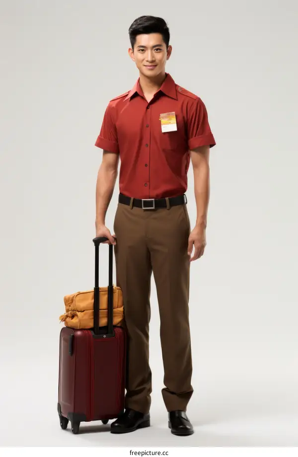 Studio portrait of young Asian man in uniform with luggage